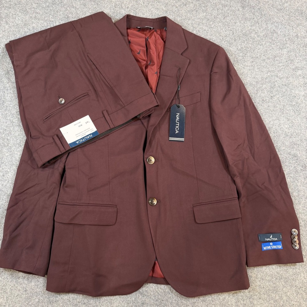 Nautica Mens 2-Piece Suit 36S W30 Burgundy Active Stretch Modern Fit NAF4451